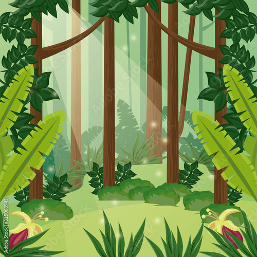 forest day landscape scene with flowers