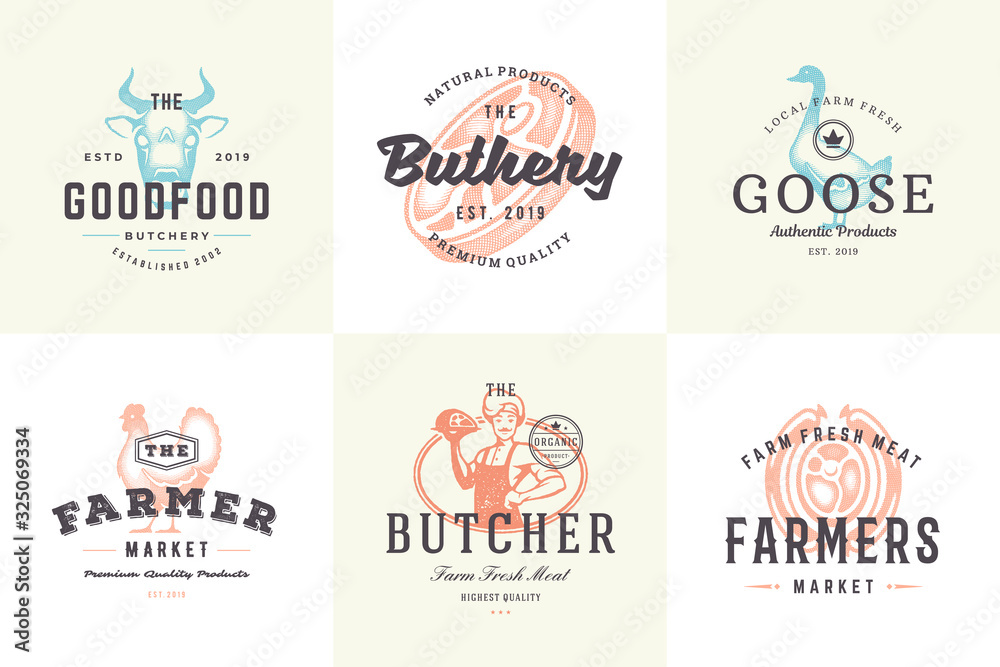 Hand drawn logos and labels farm animals with modern vintage typography hand drawn style set vector illustration.