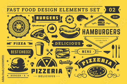 Street and fast food signs and symbols with retro typographic design elements vector set for restaurant menu decoration.