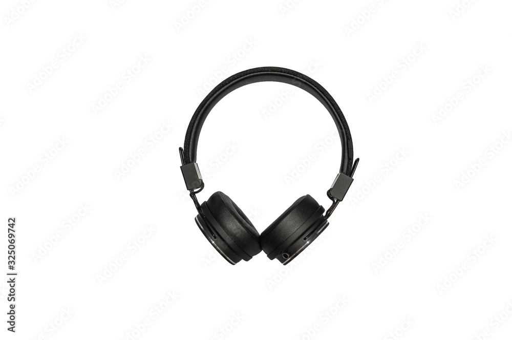 Black wireless bluetooth headphones isolated on white background. Black leather ear pads with simple modern design. Hi-Fi sound from any devices. listening to streaming music anywhere. Black wireless bluetooth headphones isolated on white background. Black leather ear pads with simple modern design. Hi-Fi sound from any devices. listening to streaming music anywhere.