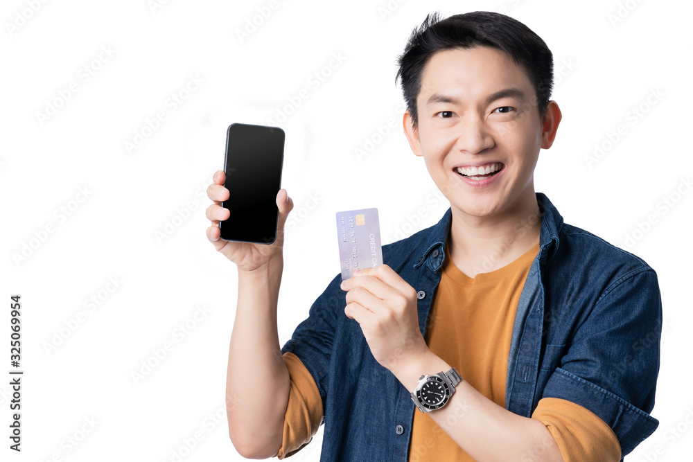 big success sale package promotion exited asian causal lifestyle male hand gesture present credit card and smartphone big surprise promotion event big success sale package promotion exited asian causal lifestyle male hand gesture present credit card and smartphone big surprise promotion event