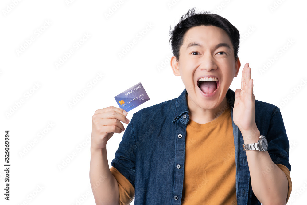 big success sale package promotion exited asian causal lifestyle male hand gesture present credit card big surprise promotion event big success sale package promotion exited asian causal lifestyle male hand gesture present credit card big surprise promotion event