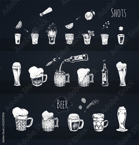 Bar menu design. Alcoholic drinks, shots with vodka and tequilla, beer mug and bottle vector icons. Vintage hand drawn sketch of beverages. Chalk drawing vector illustrations on black chalkboard