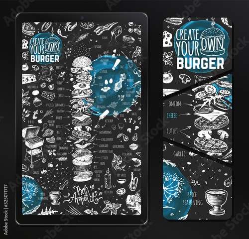 Burger menu design template on tablet screen for restaurant and cafe. White chalk drawing cooking icons for infographic on black background. Hand drawn hamburger sketch. Vector vintage illustration