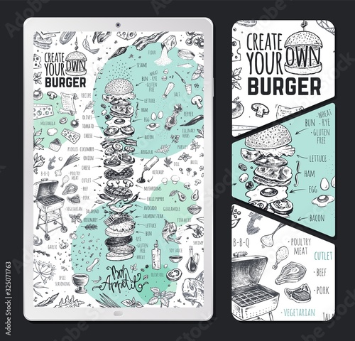Burger menu design template on tablet pc for restaurant and cafe. Vintage hand drawn doodle cooking icons for infographic on white background. Vector hipster sketch style illustration of hamburger