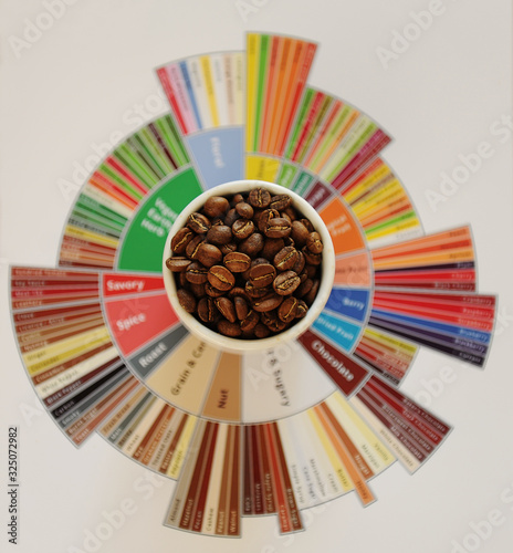 Specialty coffee concept. Roasted coffee beans in white cup on taster's flavor wheel. Top view
