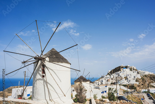Picturesque Chora village in Serifos island, Cyclades, Greece. Beautiful greek landmark with traditional windmill and old town