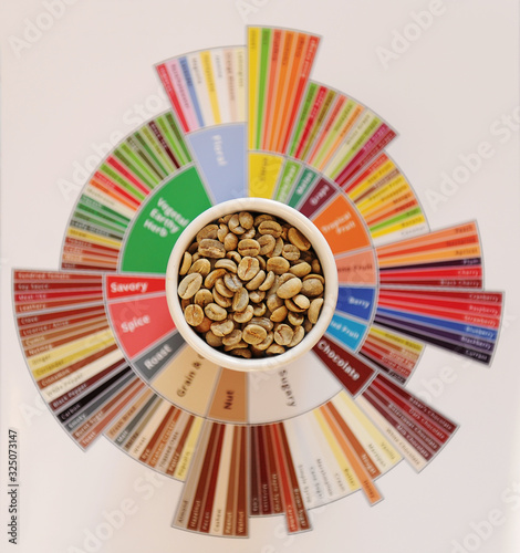 Specialty coffee concept. Raw green coffee beans in white cup on taster's flavor wheel. Top view