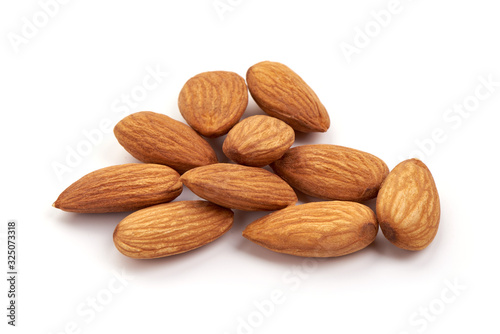 Raw Natural Organic Almonds Nuts, isolated on white background