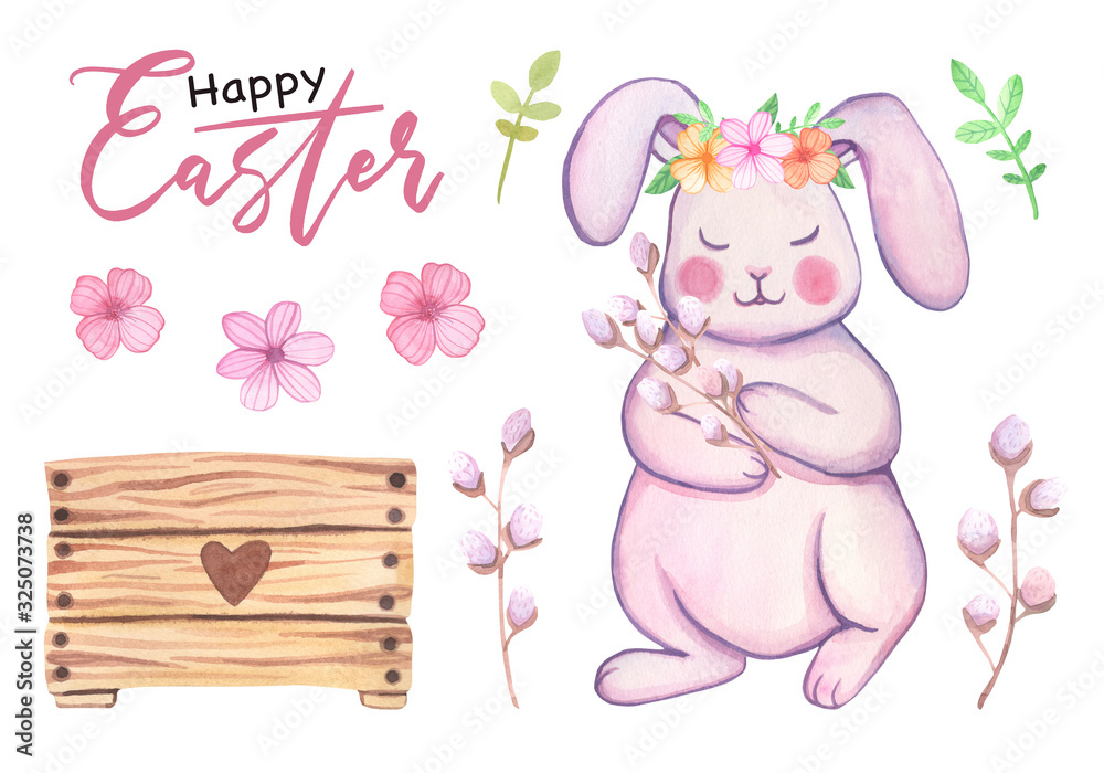 Obraz Watercolor hand drawn cute easter bunny with flowers and willow .Wooden box. Easter illustration.Rabbit bohemian style, isolated boho illustration on white.