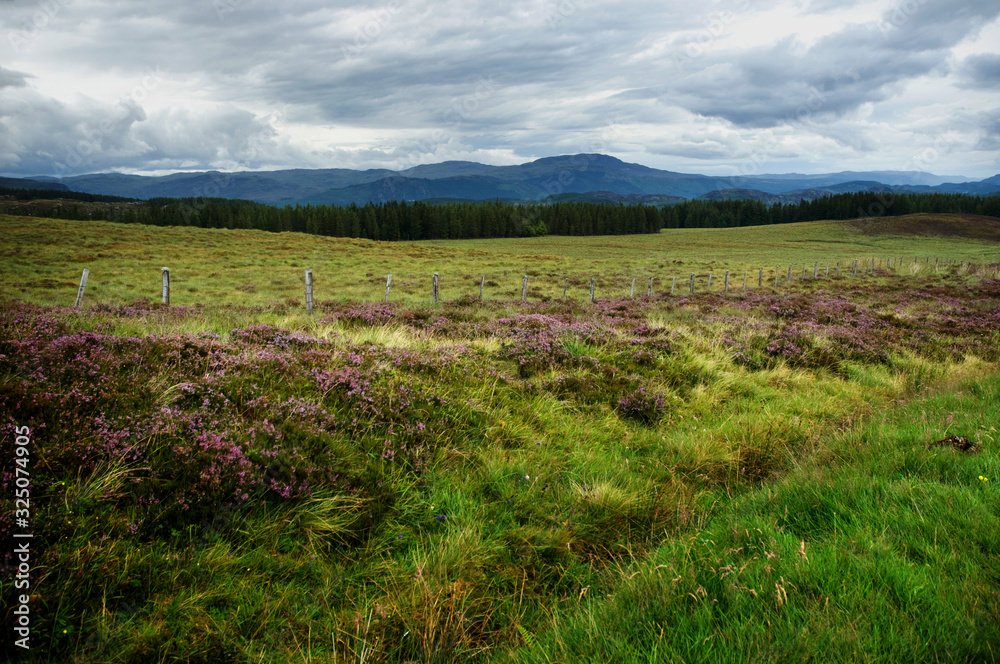 Highlands landscape in Scotland with mountains in the background and cloudy skies.