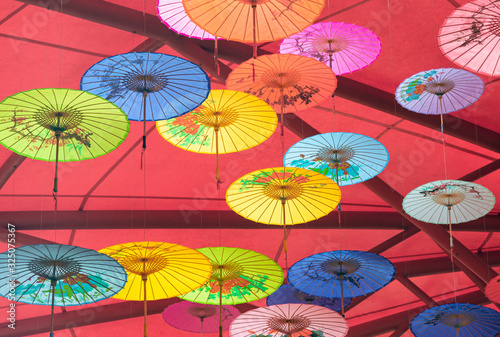 Colorful oil-paper umbrellas hanging in the air