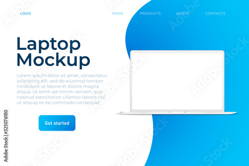 laptop design mockup, landing page template. White clean 3d realistic laptop with blank screen and modern design of web page.