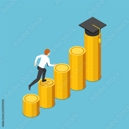 Isometric businessman running to graduation cap on the highest stack of coin
