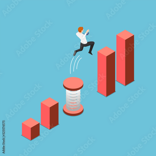 Isometric businessman use a spring to cross gap between bar chart to higest point photo