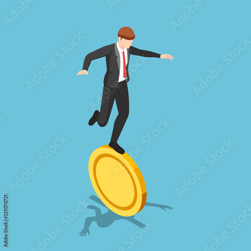 Isometric businessman balancing on golden coin