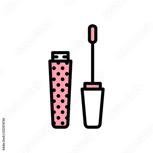 Vector lipgloss icon with applicator in flat style with black stroke, pink fill and circles texture