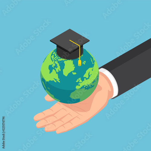 Isometric businessman hand holding the world with graduation cap