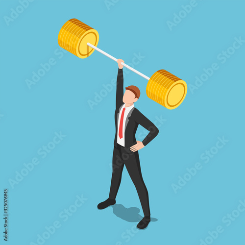 Isometric businessman lifting barbell by one hand