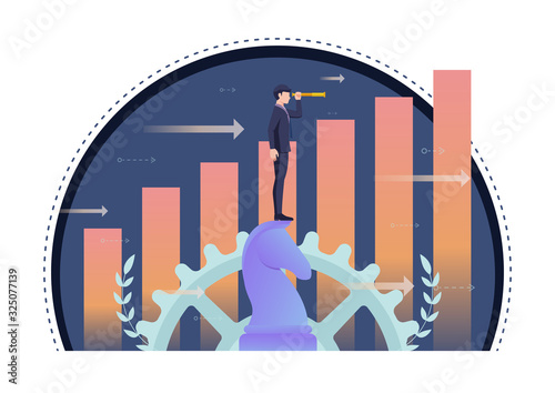 Businessman using telescope on horse chess with growth graph