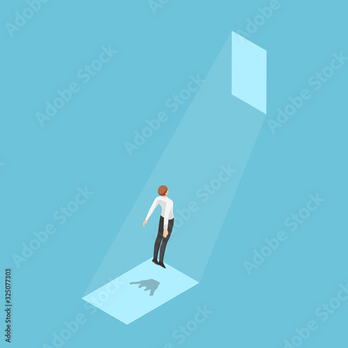 Isometric businessman floating to shining door