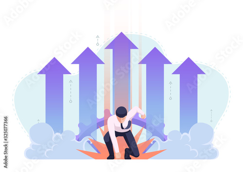 Businessman in superhero landing pose with growth arrow in background