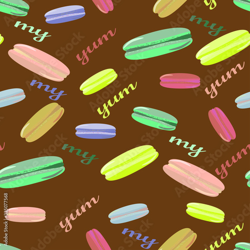 Bright yummy seamless pattern of collection macaroons on chocolate brown background. Vector illustration for confectionery, bakery, for packaging, for delivery boxes.