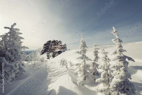 Beautiful winter landscape with snow-covered trees and rocks cliff. Deep snow powder and ice © Annatamila