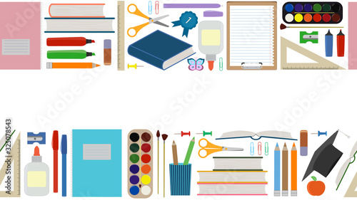 Seamless border, pattern with colorful school supplies. Concept for website design, stationery advertising, children's learning. School objects flat cartoon style. Vector illustration back to school