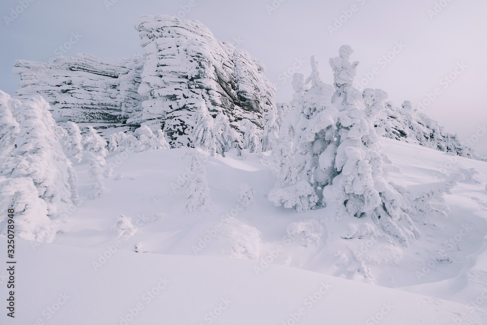 Beautiful winter landscape with snow-covered trees and rocks cliff. Deep snow powder and ice Beautiful winter landscape with snow-covered trees and rocks cliff. Deep snow powder and ice