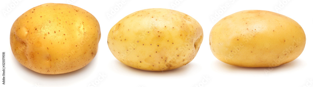 Collection young potato whole isolated on white background. Harvest new. Flat lay, top view Collection young potato whole isolated on white background. Harvest new. Flat lay, top view