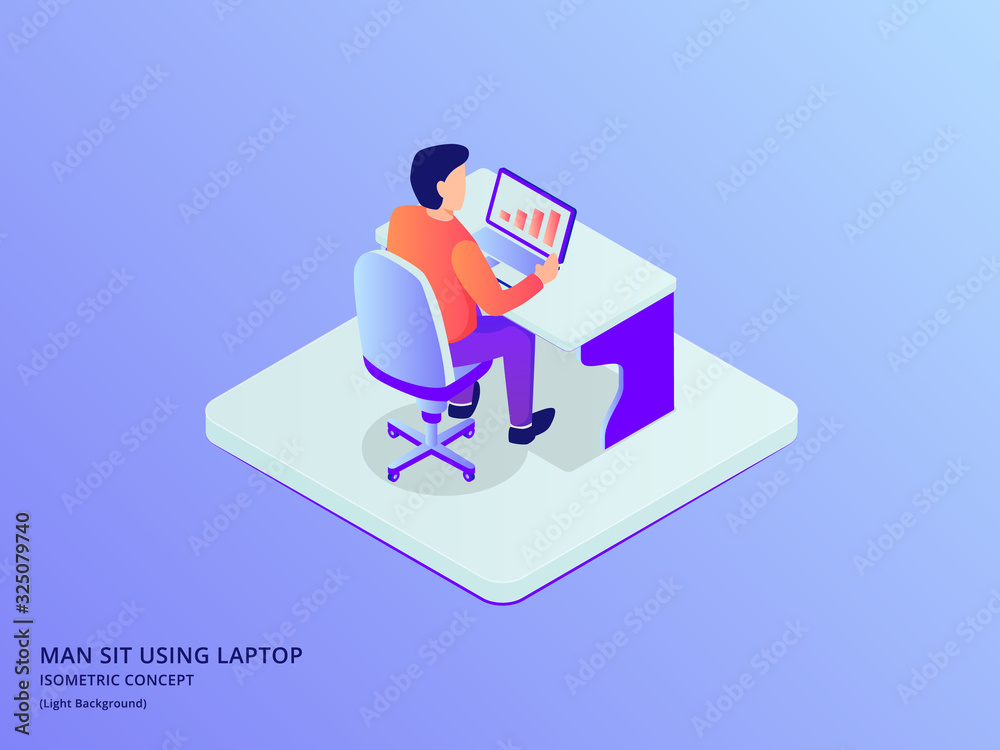 man sit on chair work on laptop with some data analysis with isometric flat style man sit on chair work on laptop with some data analysis with isometric flat style
