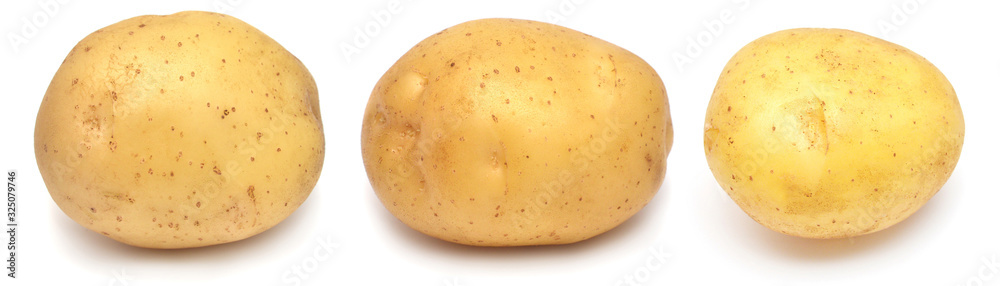 Collection young potato whole isolated on white background. Harvest new. Flat lay, top view Collection young potato whole isolated on white background. Harvest new. Flat lay, top view