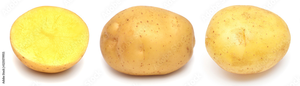 Collection young potato whole and half isolated on white background. Harvest new. Flat lay, top view Collection young potato whole and half isolated on white background. Harvest new. Flat lay, top view