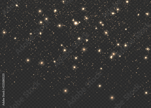 The dust sparks and golden stars shine with special light. Vector sparkles on a transparent background. Christmas light effect. Sparkling magical dust particles.