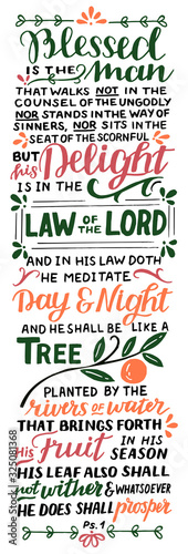 Hand lettering with Bible verse Blessed is the man. Psalm