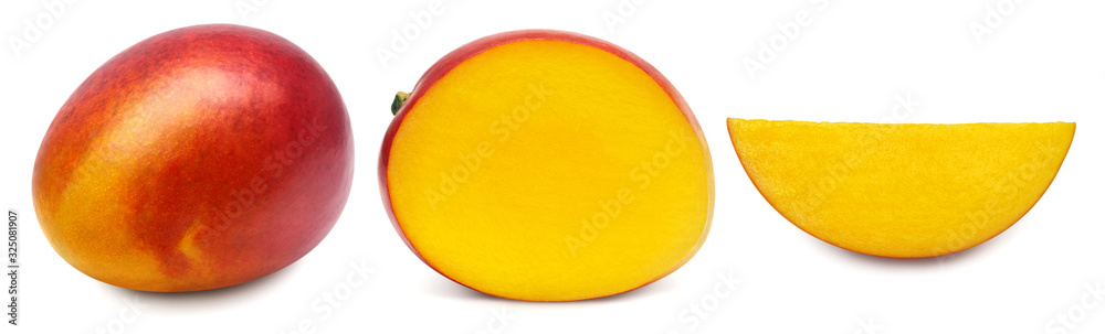 Collection mango fruit whole, half, slice isolated on white background. Perfectly retouched, full depth of field on the photo. Creative healthy food concept. Top view, flat lay Collection mango fruit whole, half, slice isolated on white background. Perfectly retouched, full depth of field on the photo. Creative healthy food concept. Top view, flat lay