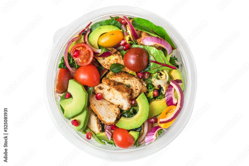 Healthy chicken salad in plastic package for take away or food delivery isolated on a white background