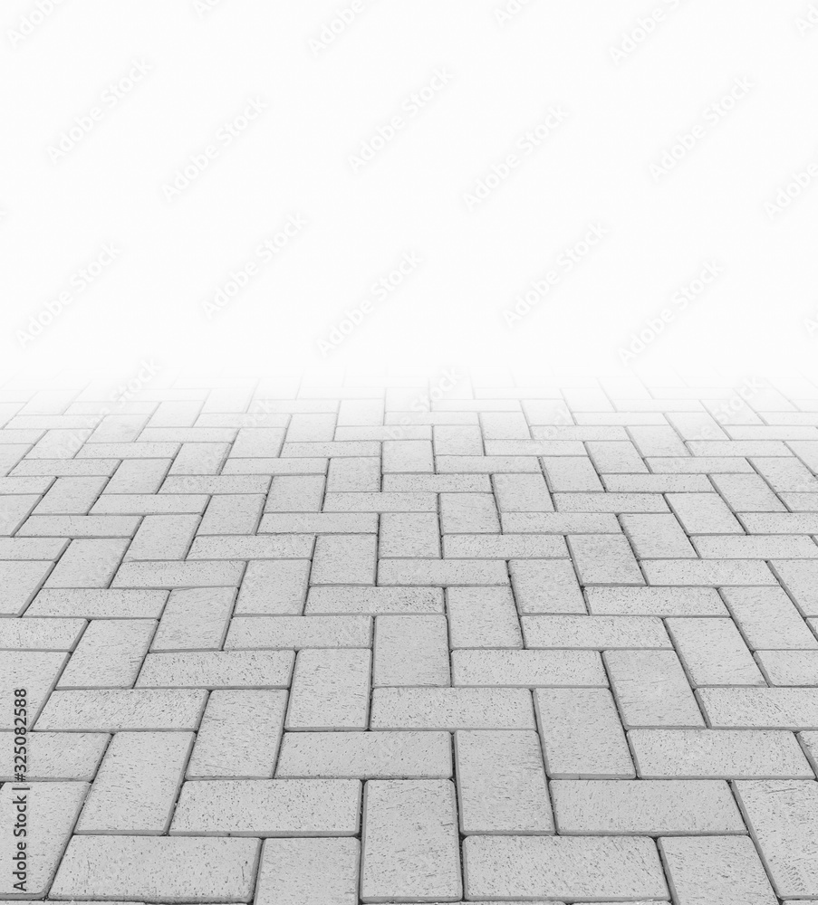 Paver brick floor also call brick paving, paving stone or block paving. Manufactured from concrete or stone for road, path, driveway and patio. Empty floor in perspective view for texture background.