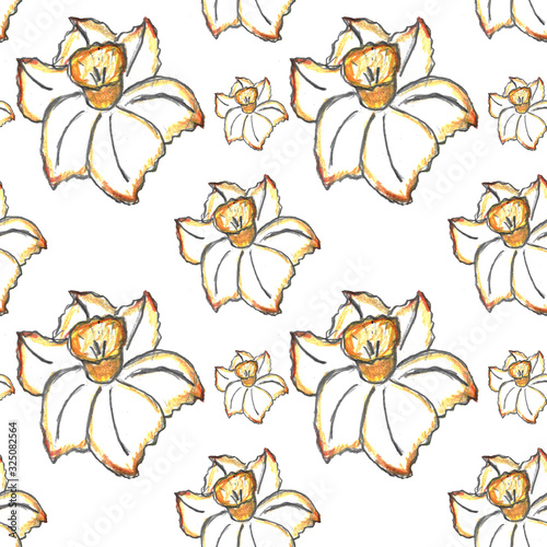 Seamless pattern of daffodil flowers. Color illustration  handmade. Botanical hand-drawn illustration.Design for packaging  weddings  fabrics  textiles  Wallpaper  website  postcards.