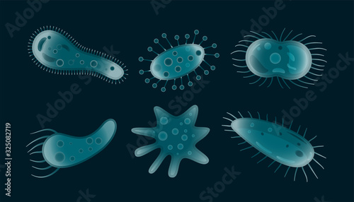 microscopic bacteria or virus set in many shapes