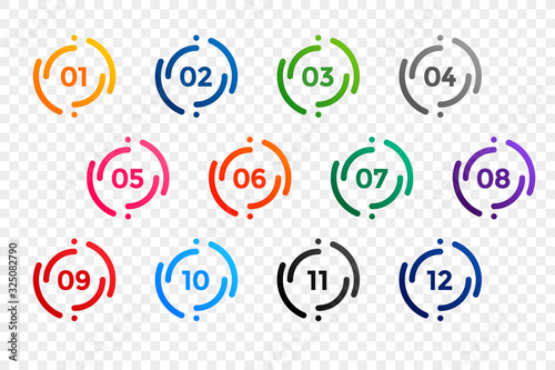 stylish one to twelve bullet points number set