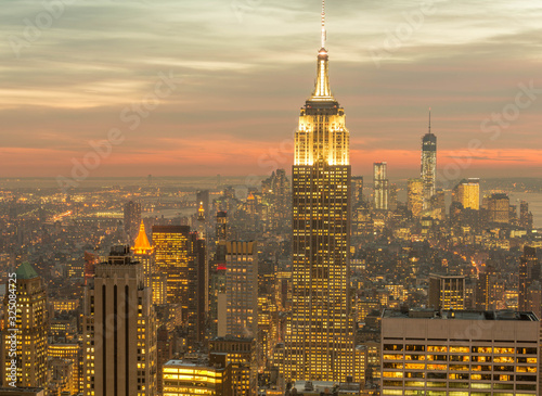 Night view of New York Manhattan during sunset