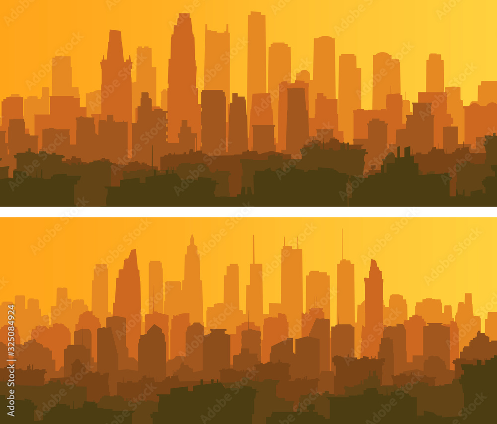 Set of horizontal banners of a big city with roofs of houses and skyscrapers at sunset. 