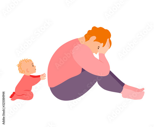 Postpartum depression. Concept with mom and little baby. A woman sits and cries, the baby pities her and pulls his hands to her. Exhausted tired young mother. Vector illustration in flat style.