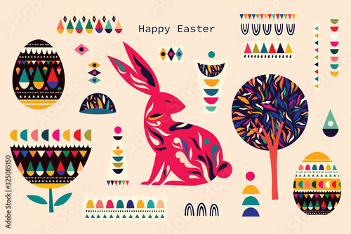 Colorful illustration with hare and easter eggs. Happy easter greeting card with decorative easter bunny