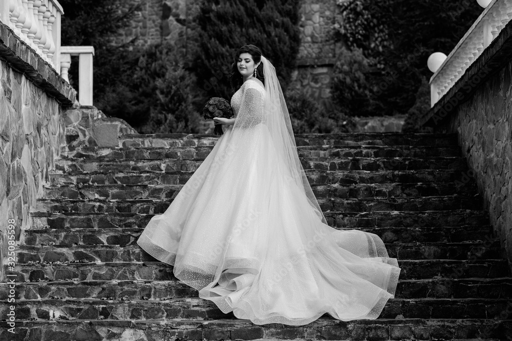 A bride in a dress climbs the stairs. Beautiful lady in a luxurious dress climbing the stairs. Graceful bride climbs stairs in a wedding day in autumn. Makeup and hairstyle in bride A bride in a dress climbs the stairs. Beautiful lady in a luxurious dress climbing the stairs. Graceful bride climbs stairs in a wedding day in autumn. Makeup and hairstyle in bride