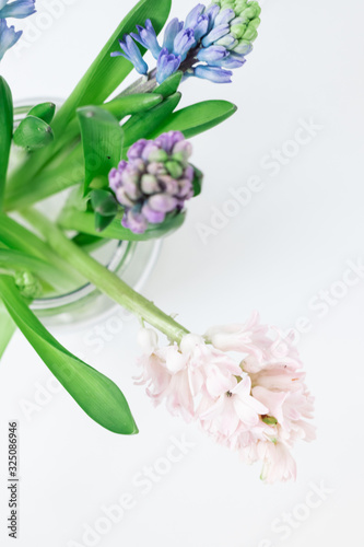 Bouquet of hyacinths in a glass vase on a white background, selective focus. © Yuliya Kashirina