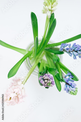 Bouquet of hyacinths in a glass vase on a white background  selective focus.