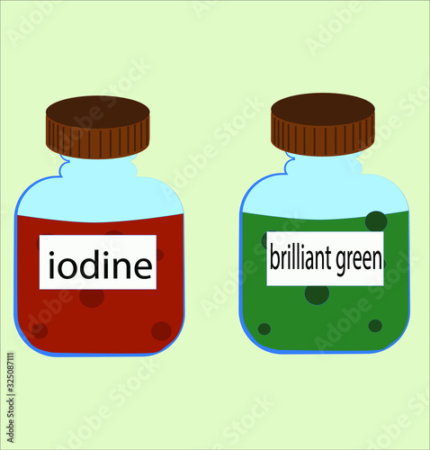 Jar of iodine and a jar of brilliant green herbs for wound healing. Vector illustration